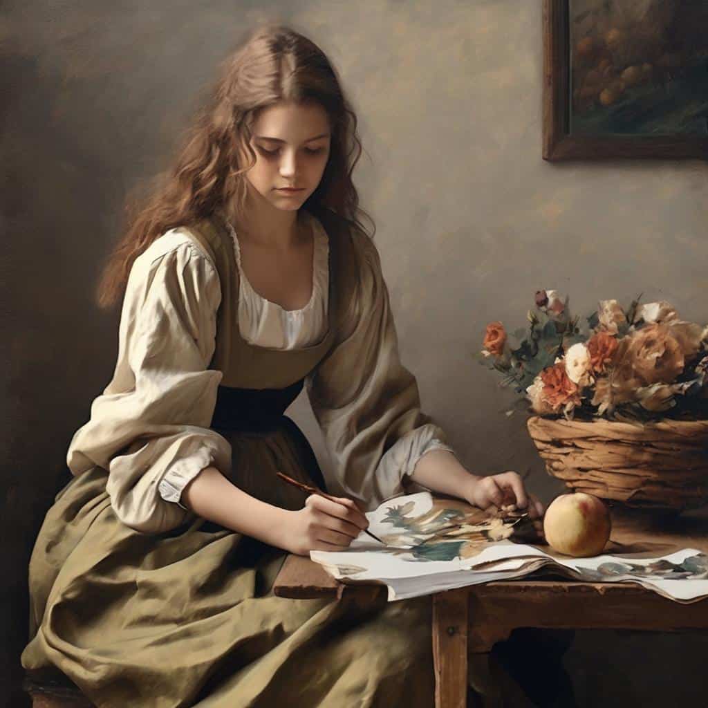 Λευκή κοπέλα ζωγραφίζει σε καμβά με ακουαρέλα, γύρω της λουλούδια και φρούτα, δημιουργία και καλλιτεχνική έκφραση σήμερα.