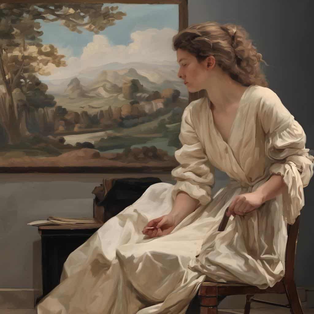 Όμορφη γυναίκα σε μουσειακό περιβάλλον με ζωγραφική και καλλιτεχνική έκφραση.