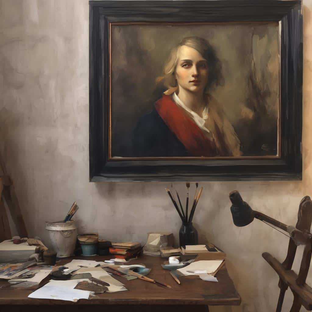 Ζωγραφική πορτρέτου σε παλαιό στούντιο με καμβά και πινέλα γύρω.