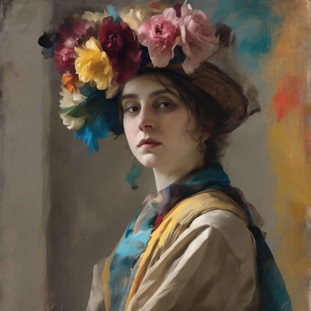 Λουλούδια σε καπέλο, σύγχρονη τέχνη και καλλιτεχνική έκφραση, πορτρέτο γυναίκας, δημιουργικότητα και τέχνη σήμερα.