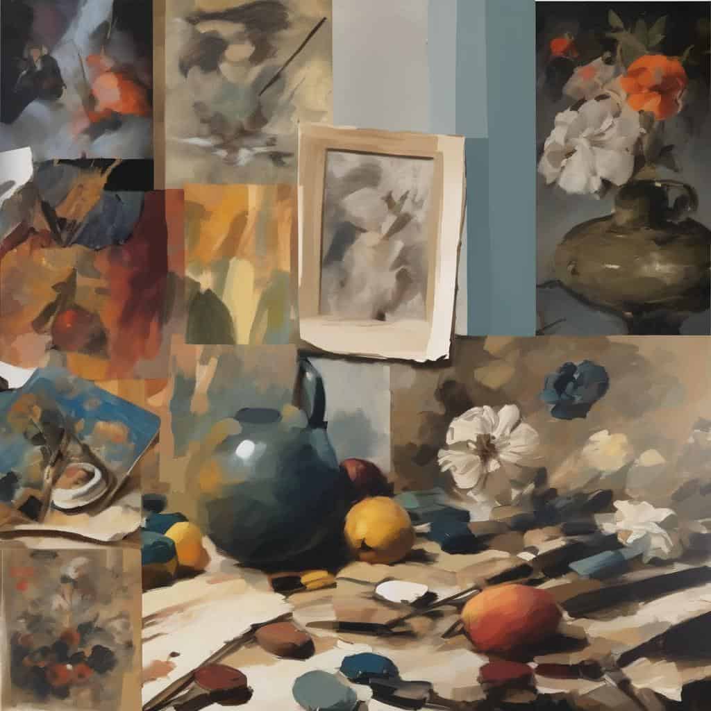 Φωτογραφία με διάφορα έργα τέχνης και καλλιτεχνικά υλικά σε δημιουργικό περιβάλλον, αναδεικνύοντας τη σύγχρονη καλλιτεχνική έκφραση.